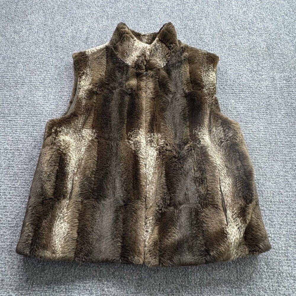 Giacca Gallery Vest Women L Brown Faux Fur Reversible Zip Luxe Glam‎ Cozy Plush